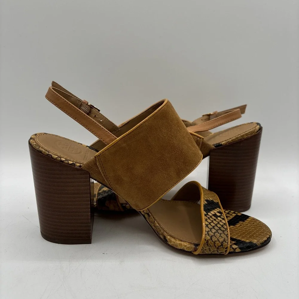 Tory‎ Burch Kira Heeled Sandals Women's 7 Brown Snake Print Suede Leather